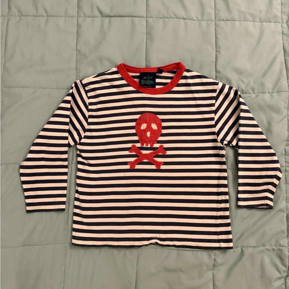 Mini Boden Navy and White Striped Tee with Red Skull Appliqué